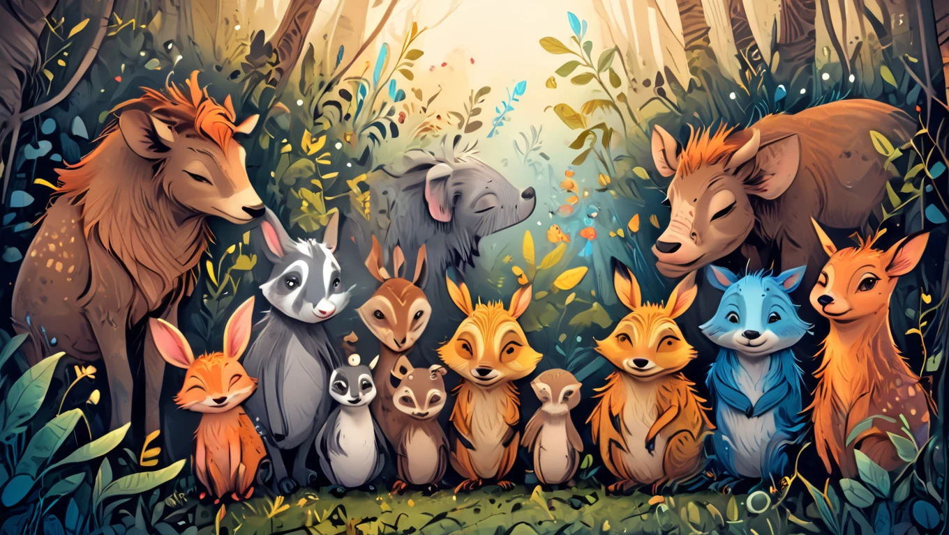 talking animals, woodland adventure, whimsical characters, bright colors, detailed linework, morning light, playful expressions, hand-drawn  <lora:artfullySTORYBOOK:1>, artstrybk,