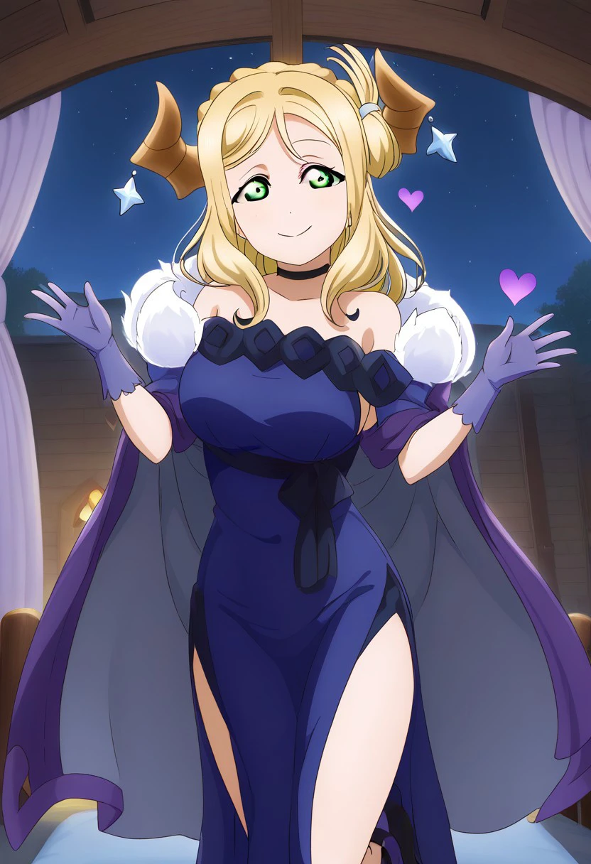 huge_breasts, breasts, hard nipples, from front, facing viewer, face viewer, looking at viewer, house, (curtain bedroom), ((night)), ((happiness)), ((smile)), proposal, ((heart)), anime, solo, pov,MariMari, green eyes, blonde hair, demon horns, long hair, crown braid, blue dress, purple gloves, bare shoulders, purple cape, off-shoulder dress, side slit, black choker, fur trim, high heels, Expressiveh, love live!