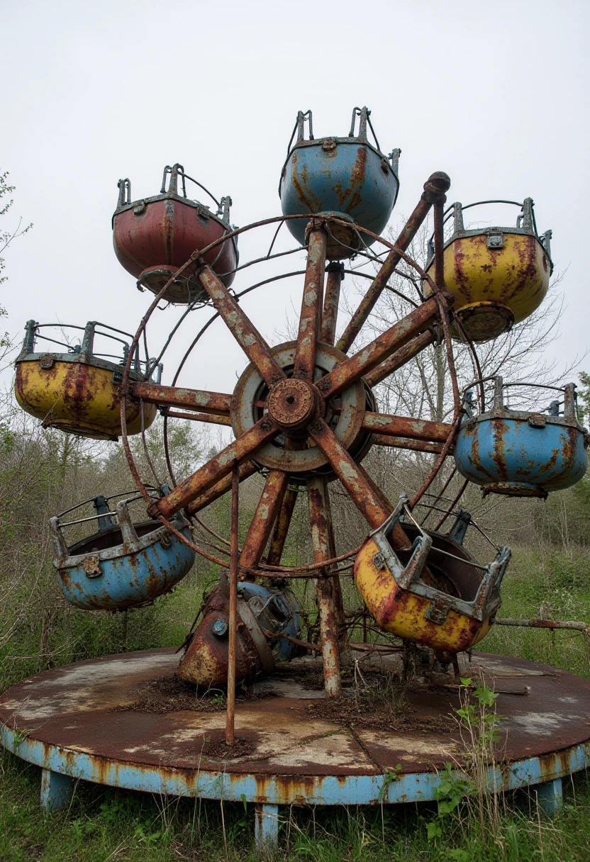 A rusting tilt-a-whirl ride, its metal floor dented and corroded. The colorful pods are faded and cracked, some tipped over. The surrounding area is overgrown with grass, and the sound of creaking metal echoes in the eerie stillness.  <lora:urban-decay-parks_v10_rank64_bf16-step02160:1>, abndnd_plcs_prks,