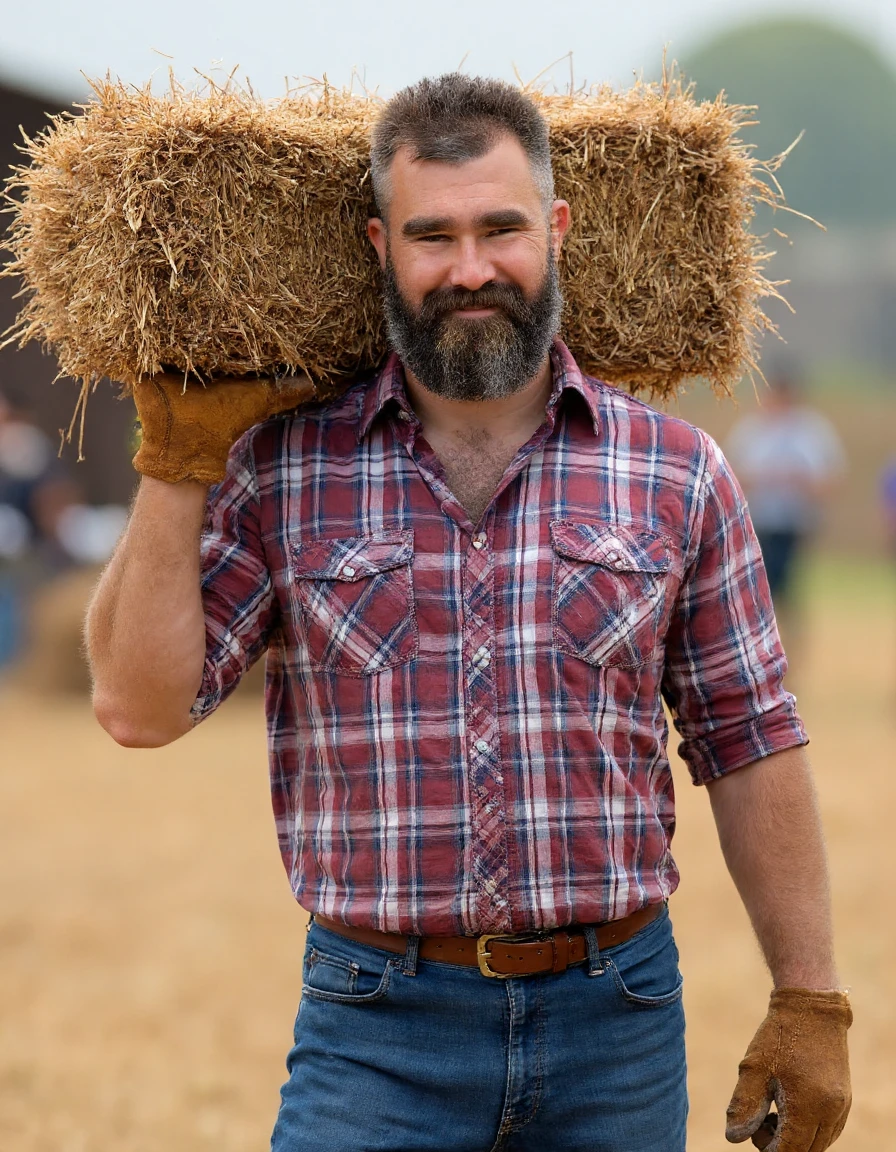 ja50nk31c3 This is a photograph of a handsome man carrying a bale of hay. He has a well kept black beard with some grey hairs in it. He is wearing a plaid button up shirt and tight blue jeans. He has brown work gloves on.  He is in the barn yard  He is carrying the bale of hay on his shoulder. He is looking at you. His expression is happy. It is a nice day. 4k, clear focus, high quality, high resolution, high detail, photography, DSLR  <lora:Jason_Kelce_FLUX:1>  <lora:flux_realism_lora:0.7>