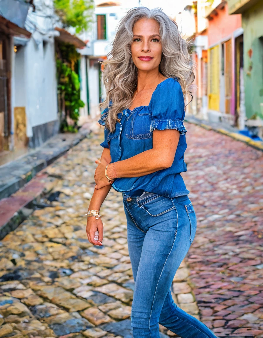 <lora:JeansGirl:1>  full color photo of  a jeansgirl with ash hair and small breasts wearing denim, fashion shot in the streets of Monte verde