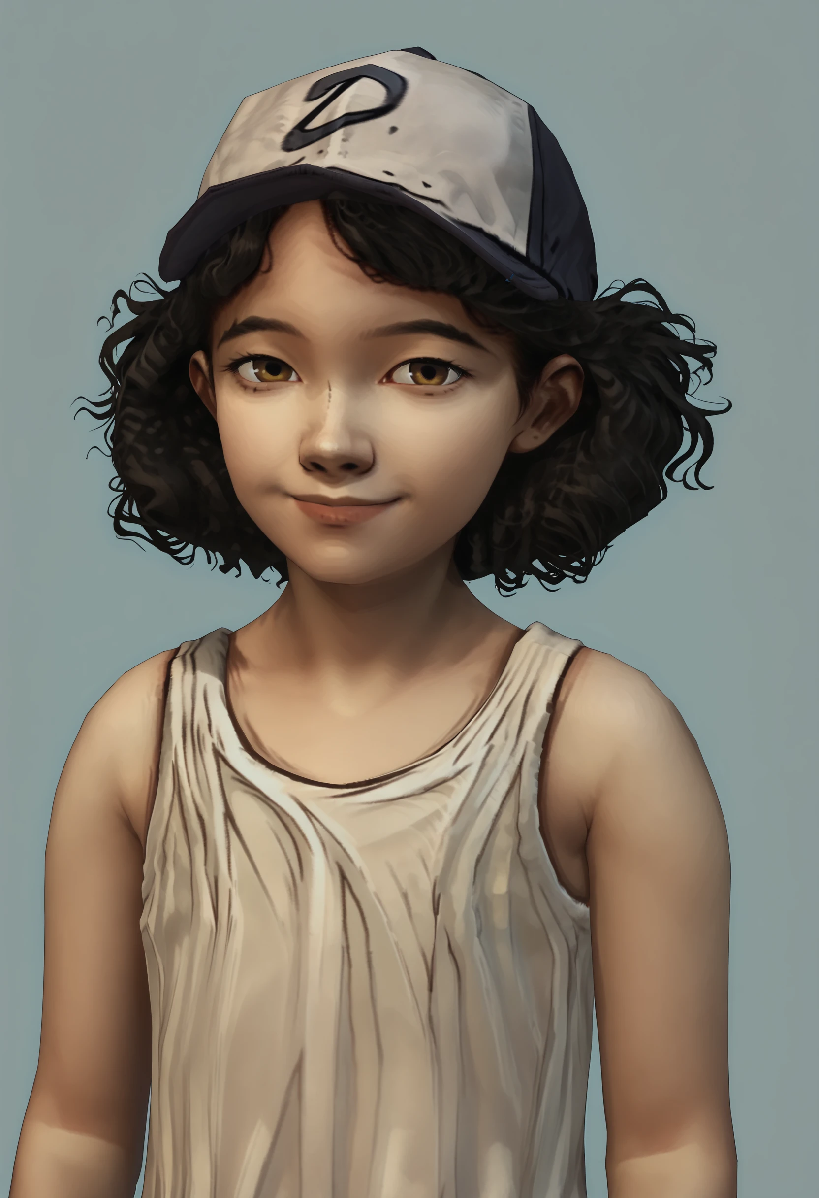 score_9, score_8_up, score_7_up, score_6_up, score_5_up, score_4_up, 1girl, <lora:ClementineS1:0.85> solo, black hair, curly hair, brown eyes, dark skin, hat, baseball cap, dress, sleeveless, upper body, smile, looking at viewer,
light blue background, simple background,