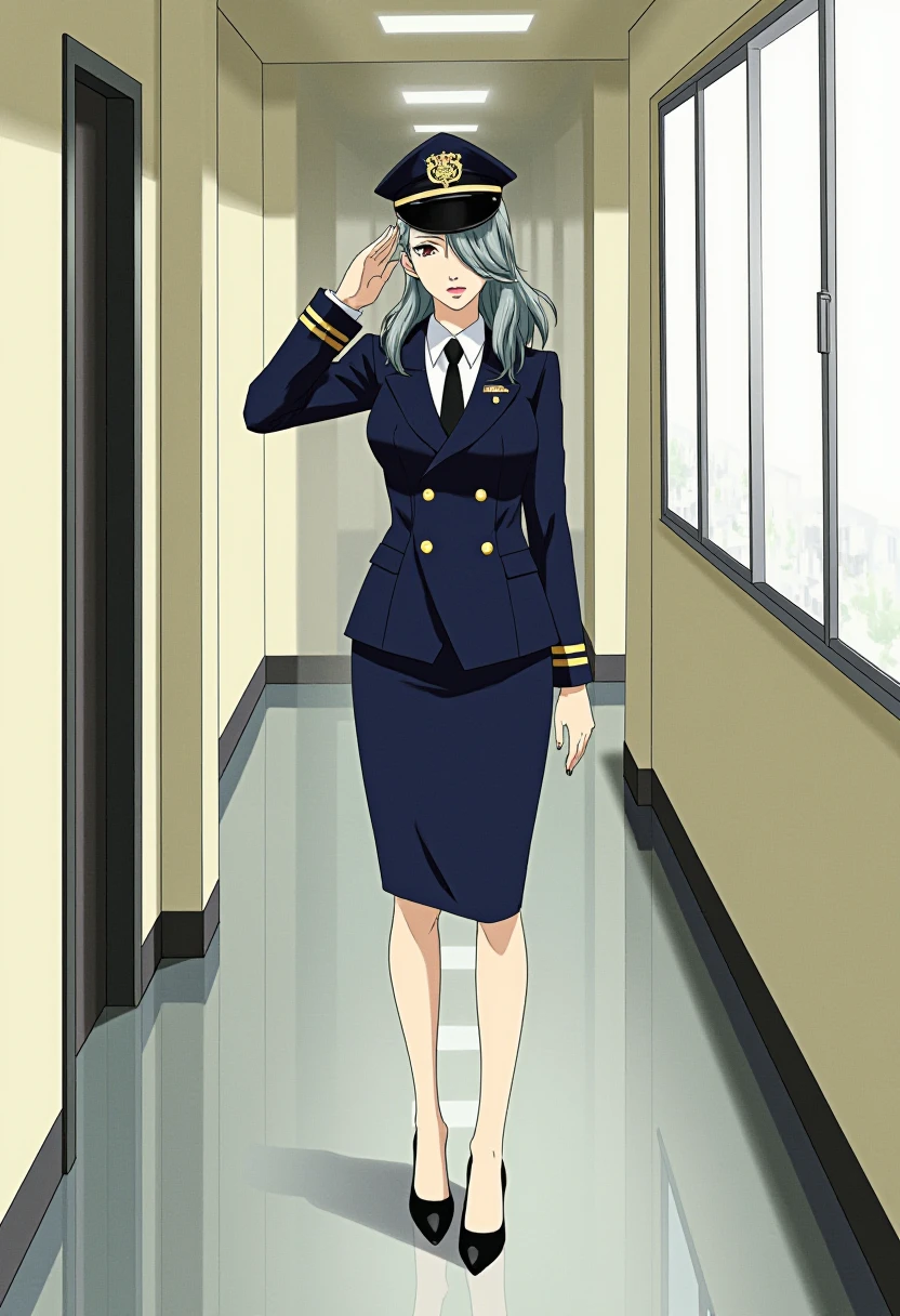 A detailed solo portrait of niijima_sae
Anime style, sharp, high contrast and highly detailed.
. <lora:persona5_niijima_sae_flux_v4_2-000011:1>,,.
tall and slender, She is dressed in a formal Japanese female police outfit, consisting of a navy blue skirt suit, a rounded, flat top with a prominent brim. The outfit includes a structured jacket with gold accents on the cuffs, paired with a matching knee-length skirt. She is posing in a salute, with her right hand raised to her forehead. She is also wearing black low-heeled shoes and appears to be standing in a hallway, with a neutral wall in the background.