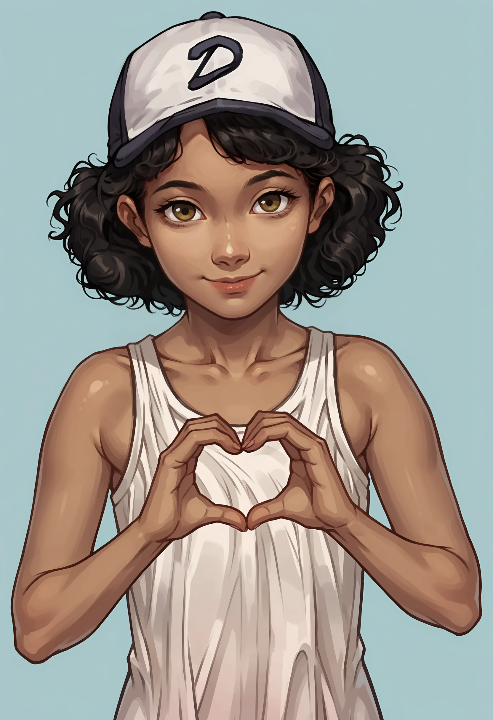 score_9, score_8_up, score_7_up, score_6_up, score_5_up, score_4_up, 1girl, <lora:ClementineS1:0.8> solo, black hair, curly hair, brown eyes, dark skin, hat, baseball cap, dress, sleeveless, upper body, smile, looking at viewer, heart hands, 
light blue background, simple background,