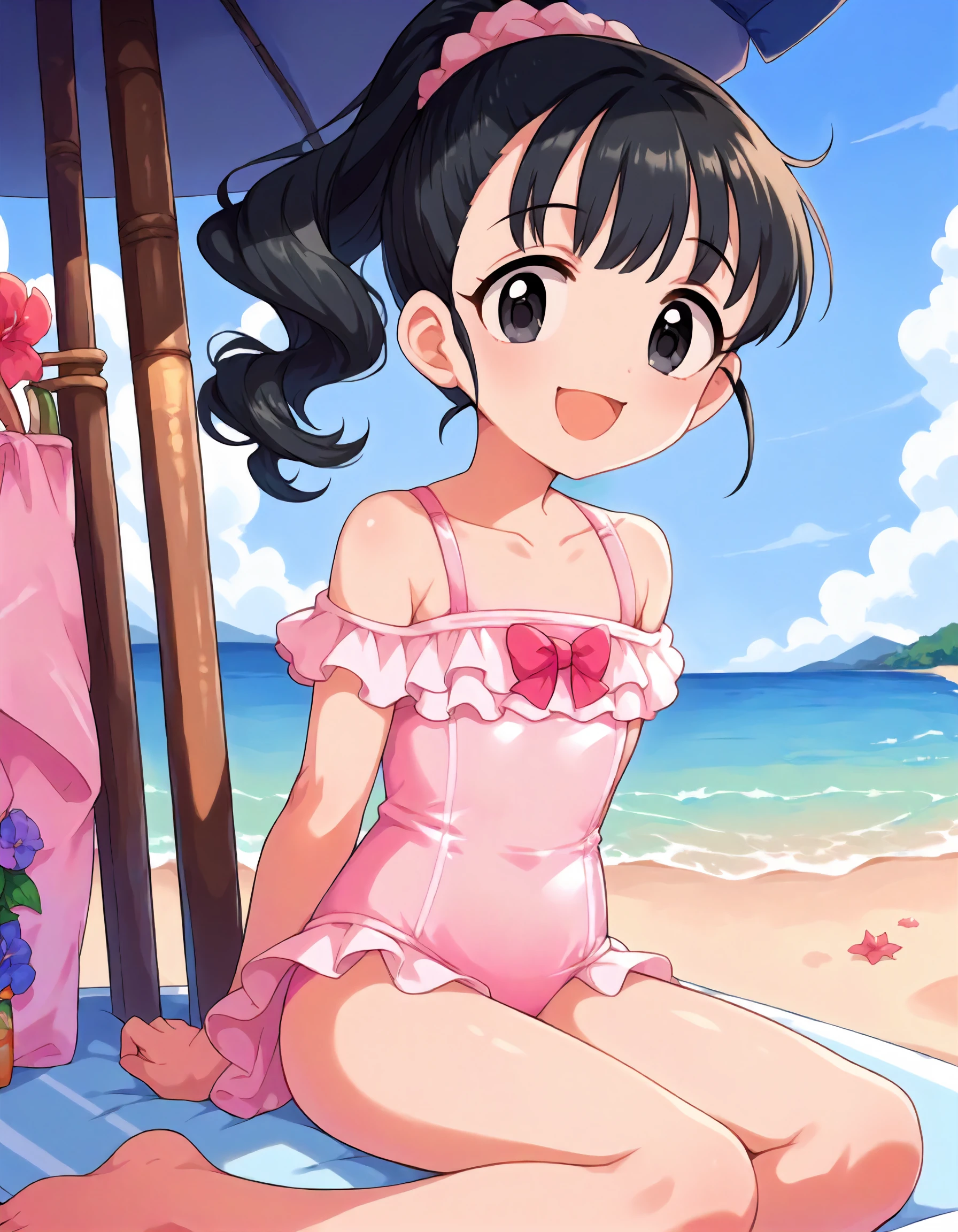 score_9,score_8_up,score_7_up,1girl,solo,sitting,smile,open mouth,arms behind back,blue sky,beach,
<lora:fukuyamamai_ponyXLV6:0.8>,cgfm,
black hair,wavy hair,ponytail,black eyes,flat chest,
pink swimsuit,frills