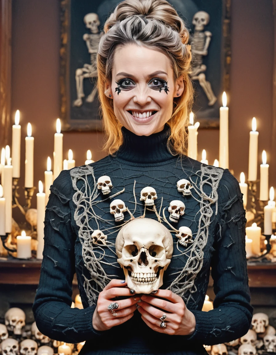 a professional absurdres sharp-focus intricately detailed photograph of Lauriane_Gilliéron with a creepy grin, 
cute hair, intricately stitched turtleneck long dress, looking at the viewer,
holding skulls and putting candles in the eye sockets,
<lora:Lauriane_Gilliéron-SDXL:1>