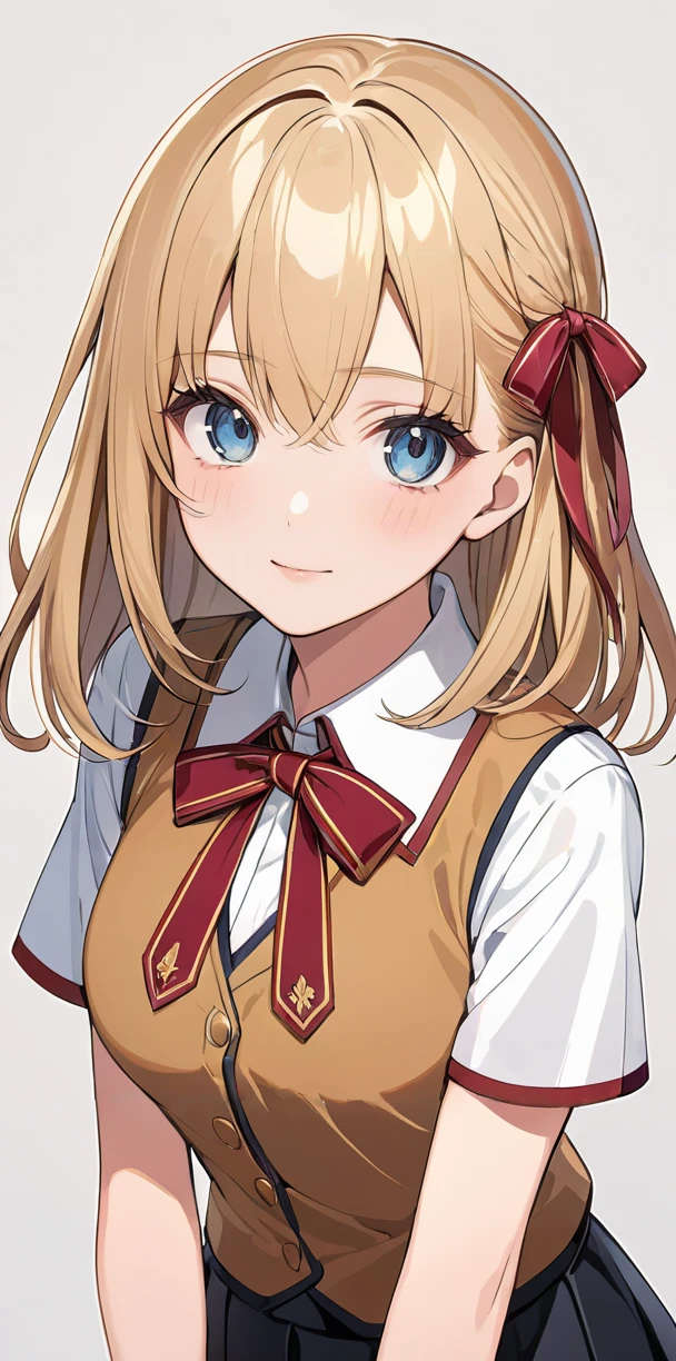masterpiece,ultra-detailed,best quality,8K,illustration,cute face,clean skin ,shiny hair,girl,ultra-detailed-eyes,simple background, <lora:add-detail-xl:1> <lora:homurahara academy school uniform_XL_V1.0:1> homurahara academy school uniform, red ribbon, vest, skirt
