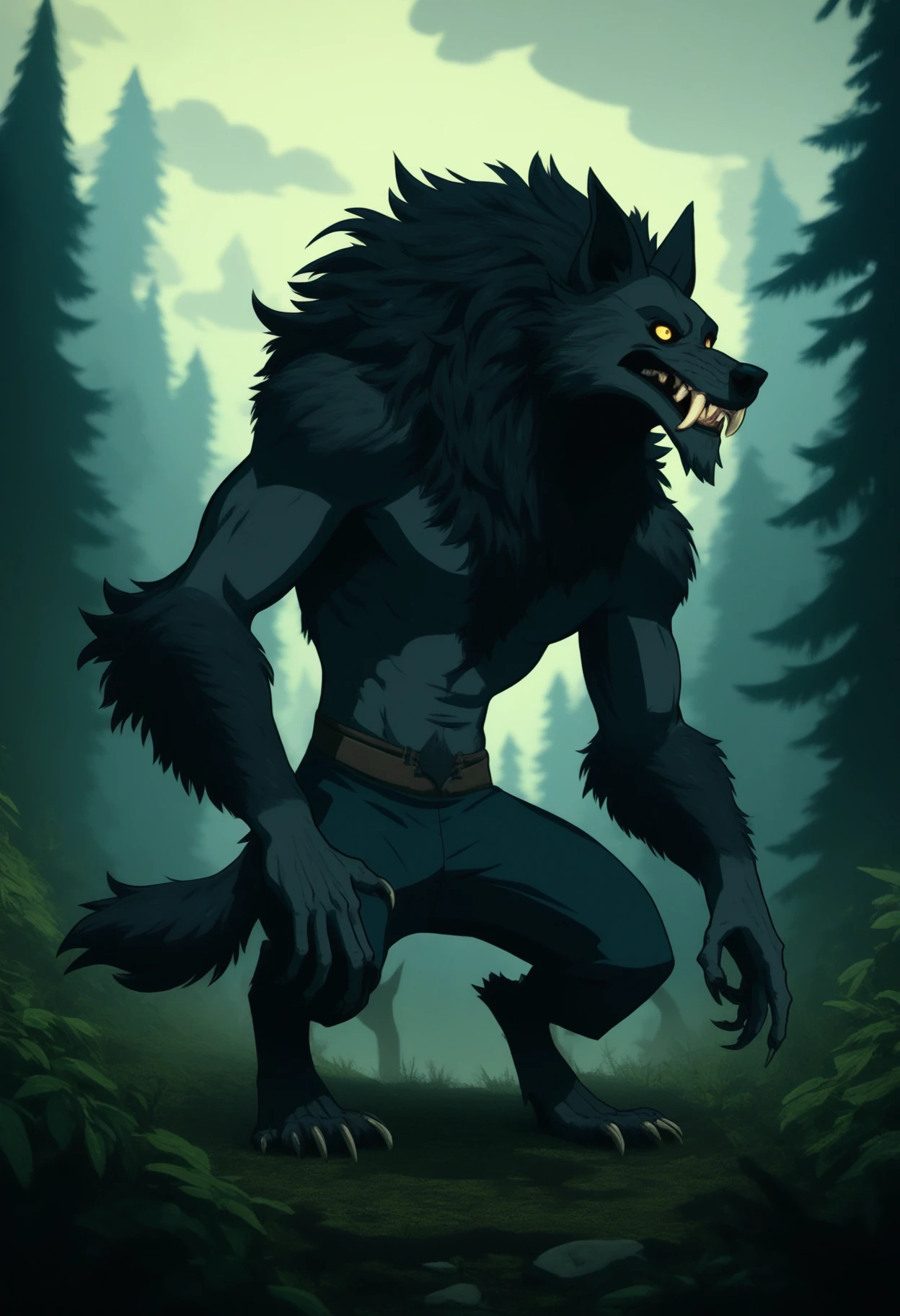 hifirush, safe_pos, score_9, score_8_up, score_7_up,  1boy, solo, werewolf, muscular, large fangs, forest, cloudy sky