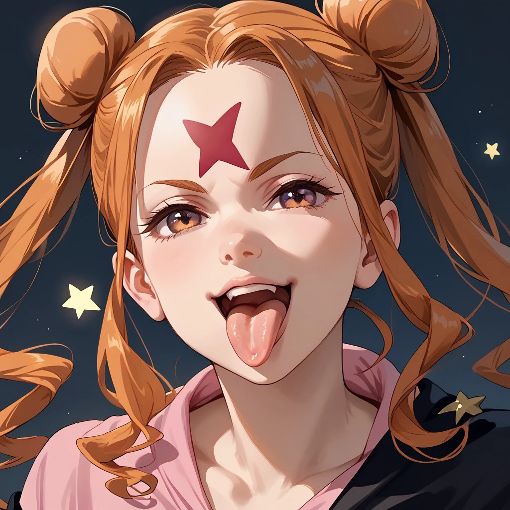 score_9,score_8_up,score_7_up,  galla, 1girl, tongue, solo, tongue out, double bun, hair bun, twintails, long hair, brown hair, star (symbol), orange hair, black detached sleeves,  pink shirt,