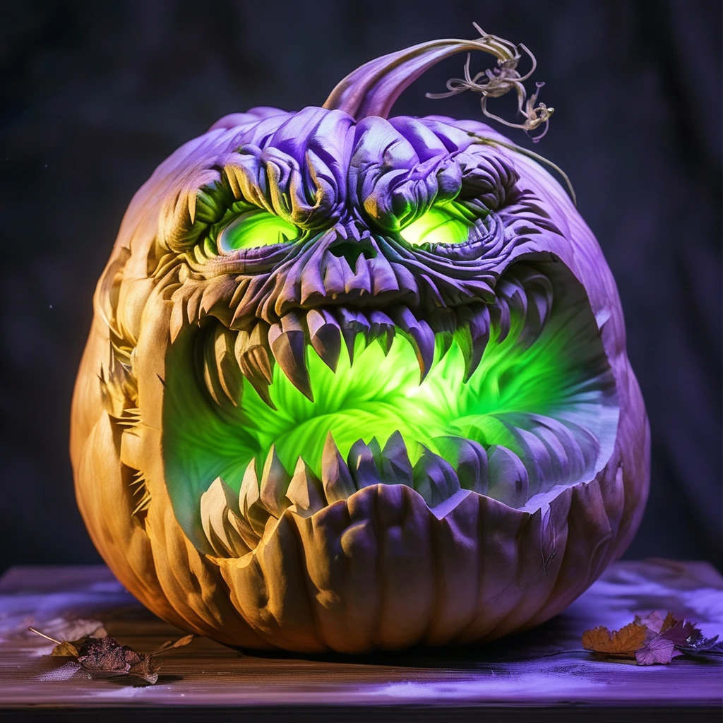 pumpkin monster carving green and purple