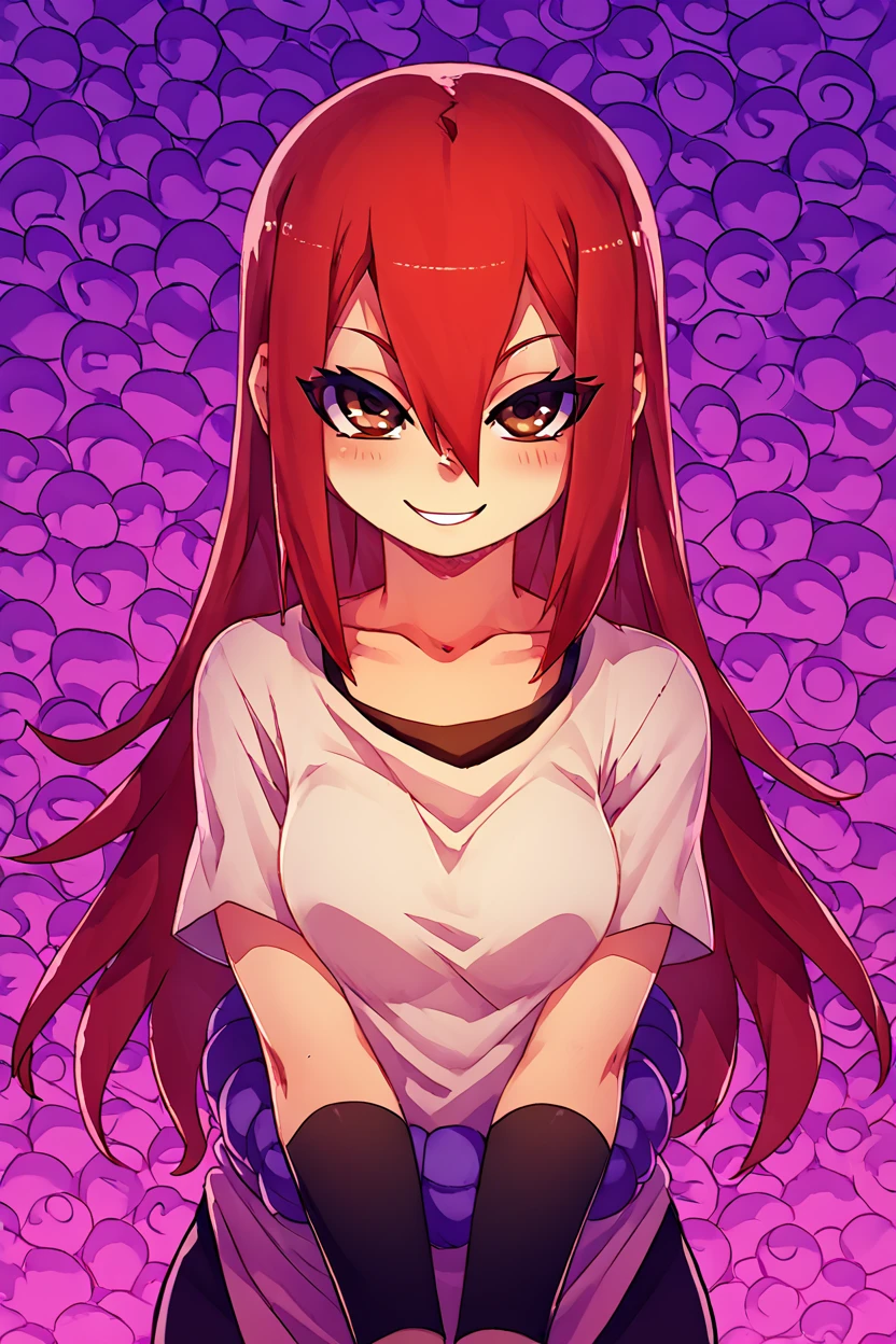 score_9, score_8_up, score_8, medium breasts, (curvy), cute, eyelashes,       BREAK, ,  ,,, <lora:TayuyaNaruto_PDXL_v3:1>, zzTayuya, brown eyes, long hair, red hair, hair between eyes,  purple rope, short sleeves, shirt, collarbone, ,,,  , BREAK, smile, looking at viewer, cowboy shot, ,,, embedding:zPDXL, Expressiveh, ,,, <lora:Zankuro_Style_PDXL:0.8> <lora:SDXLFaeTastic2400:0.5>, <lora:Expressive_H-000001:0.4>,