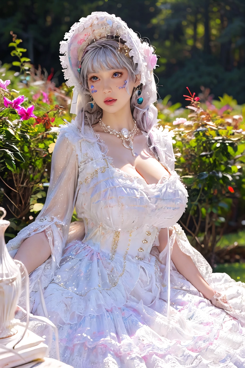 (masterpiece, best quality:1.2),illustration,8k,hd,1girl,solo,silver hair,long hair,cowboy shot,
mjpy,white dress,jewelry,bonnet,ribbon,hair ribbon,pearl necklace,frills,corset,hair ornament,white gloves,bonnet,frilled dress,
(collarbone:1.2),big breasts,saggy breasts,(cleavage:1.2),extremely detailed dress,