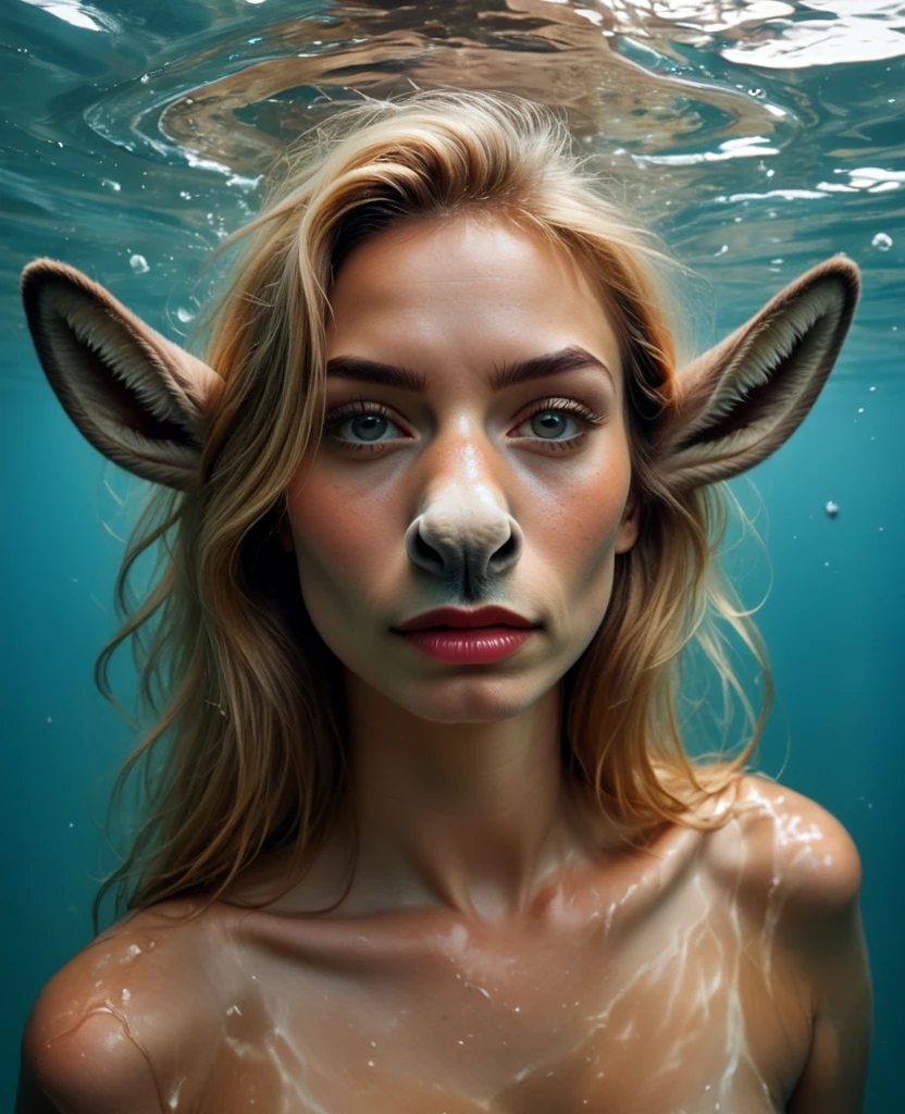 a woman with long blonde hair standing under the water, a photorealistic painting by Anna Katharina Block, art photography, artgerm moody photography, photoshop water art, portrait of a woman underwater  ,  score_9, score_8_up, score_7_up, score_6_up, score_5_up, rating_explicit,  source_photo, photography, realistic, Fashion photography, looking at viewer , classic hair style, graceful neck and shoulders,
 human-animal hybrid, realistic, animal transformation,  donkey nose, donkey tail,    <lora:Photorealistic_Donkey_Transformation:0.7>