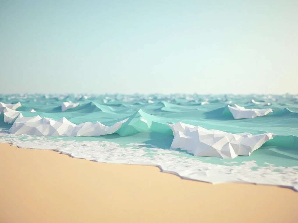 lo-ply_ a low-poly scene Waves crash against the shore of a secluded beach, with no one around but a few seabirds. The sand is warm beneath your feet, and the horizon stretches out endlessly, where the ocean meets the sky.