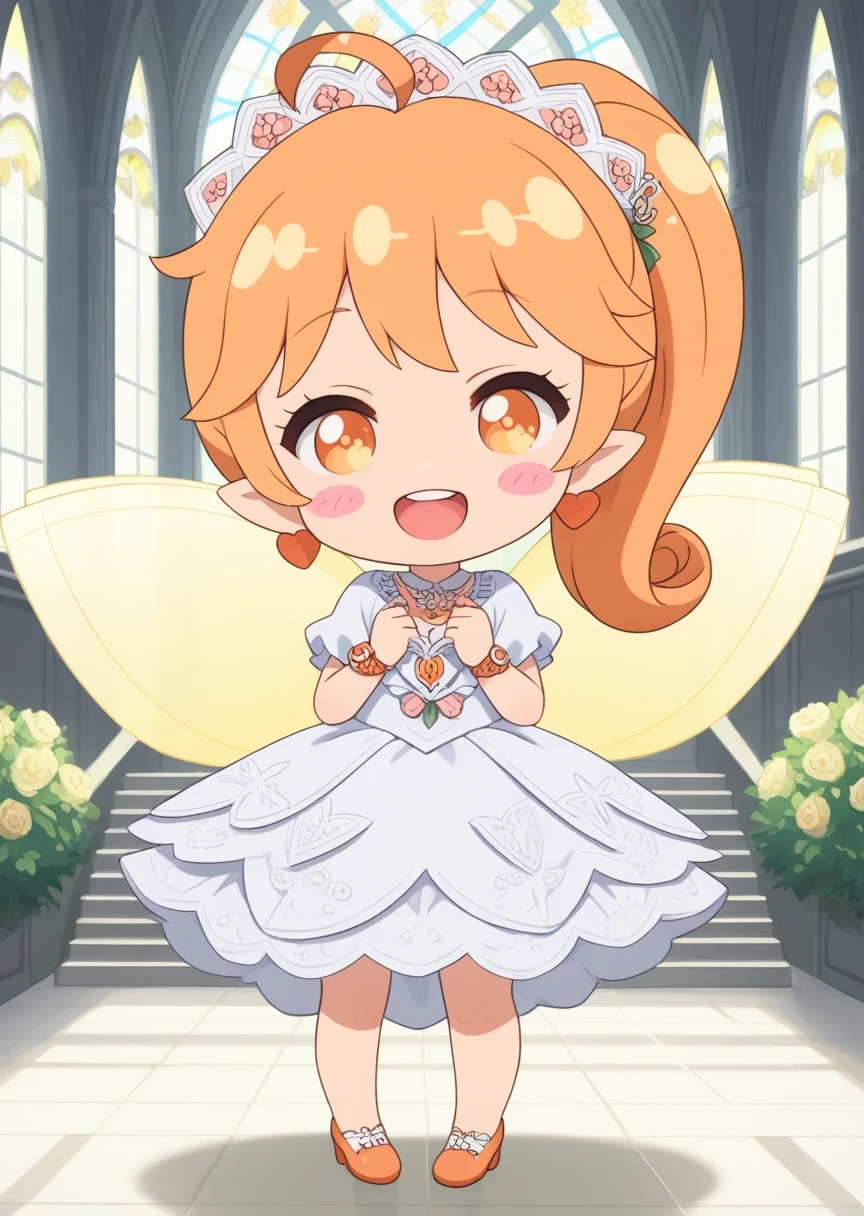 score_9, score_8_up, score_7_up, score_6_up, source anime, BREAK
Himawari, human, female, 1girl, solo, wedding dress, wedding veil, long hair, looking at viewer, smile, open mouth, blonde hair, jewelry, full body, ahoge, :d, earrings, wings, teeth, pointy ears, chibi, orange hair, orange eyes, blush stickers, fairy wings, fairy, ponytail, church, 