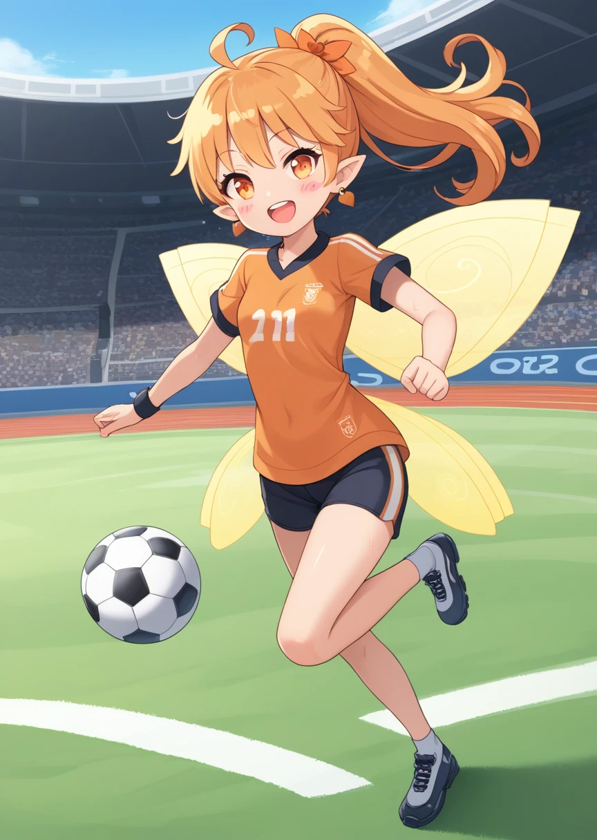 score_9, score_8_up, score_7_up, score_6_up, source anime, BREAK
Himawari, human, female, 1girl, solo, long hair, looking at viewer, smile, open mouth, blonde hair, jewelry, full body, ahoge, :d, earrings, wings, teeth, pointy ears, flat breasts, orange hair, orange eyes, blush stickers, fairy wings, fairy, ponytail, soccer uniform, soccer ball, soccer field, running, heavy sweat, kicking ball