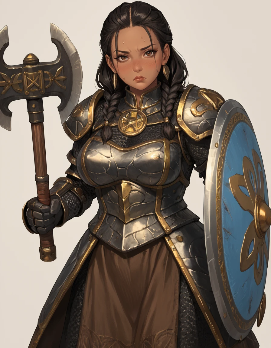 score_9, score_8_up, score_7_up, source_cartoon,
IronBreaker, mature female, curvy, black hair, braids, dark skin, brown eyes, armor, holding axe, shield,
looking at viewer, frown, flushed cheeks, sweat,
 <lora:Ironbreaker_PonyXL:0.65>