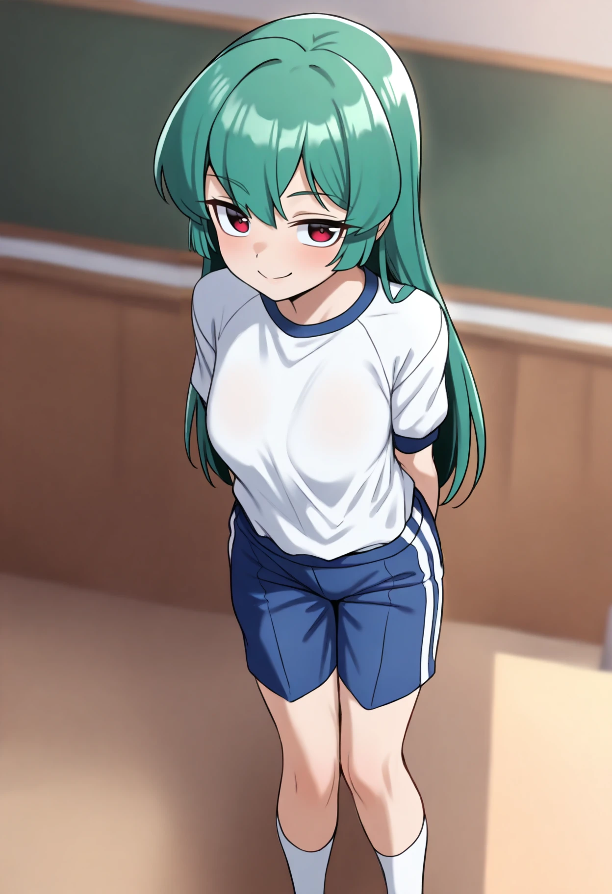 best quality, amazing quality, very aesthetic, absurdres,
1girl, minakamisayo, green hair, long hair, red eyes,
blue shorts, short sleeves, socks, white shirt, gym uniform,
standing, arms behind back, smile, solo, looking at viewer, indoors, classroom, classroom background   <lora:MagiaAzureIllustriousXL_byKonan:1>