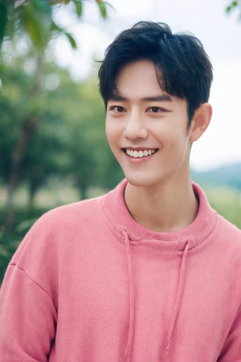 1boy, man focus, smile, teeth, outdoor, bokeh