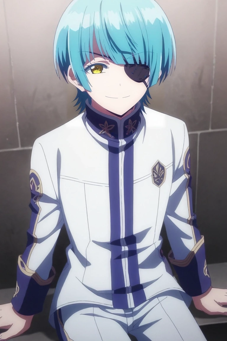 score_9, score_8_up, score_7_up, source_anime, rating_safe, , anime screencap, , , looking at viewer, , 1boy, solo, male focus, <lora:yuuto_ijika_pony:0.98>, yuuto_ijika, blue hair, yellow eyes, short hair, eyepatch, bangs, wide angle, wide shot, cowboy shot, bathroom, day, sitting, light smile, , <lora:sdxl_lightning_8step_lora:1>