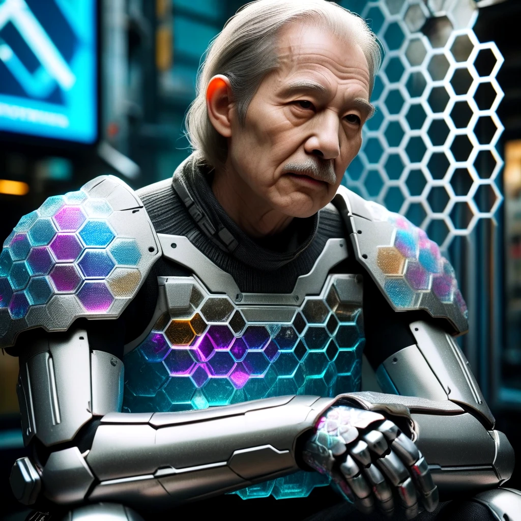 <lora:Scale_armor_SDXL:0.7>old man, wrinkled skin, jewelry, sitting, upper_body, outdoors, armor, blurry, gauntlets, science_fiction, realistic, nose, android, mechanical_arms, cyborg, barcode, cyberpunk, ice_cube, mechanical_parts, honeycomb_(pattern), energy barrier,  Scale armor