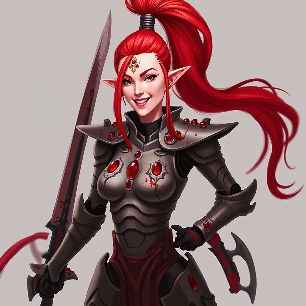 aeldari, drukhari, standart drukhari, drukhari's armor, 1girl, solo, long hair, smile, hair ornament, ponytail, weapon, red hair, pointy ears, sword, hand on hip, blood, makeup, knife, lipstick, shoulder armor, pauldrons, breastplate, blood on face, dagger, blood on weapon, armor