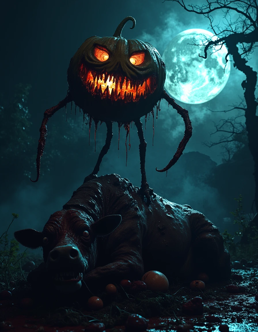 SuchGrotesque, jack o pumpkin standing on top of cow carcass, scyte. full moon, blue glowing blood everywhere