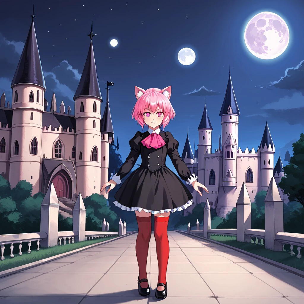 1girl, solo, Artemis, pink eyes, pink hair, short hair, dress, black dress, ascot, pink ascot, long sleeves, stockings, red stockings, red socks, mary janes, shoes, black footwear, ears, cat ears, black cat ears, full body, standing, castle, old castle, night, full moon, front view