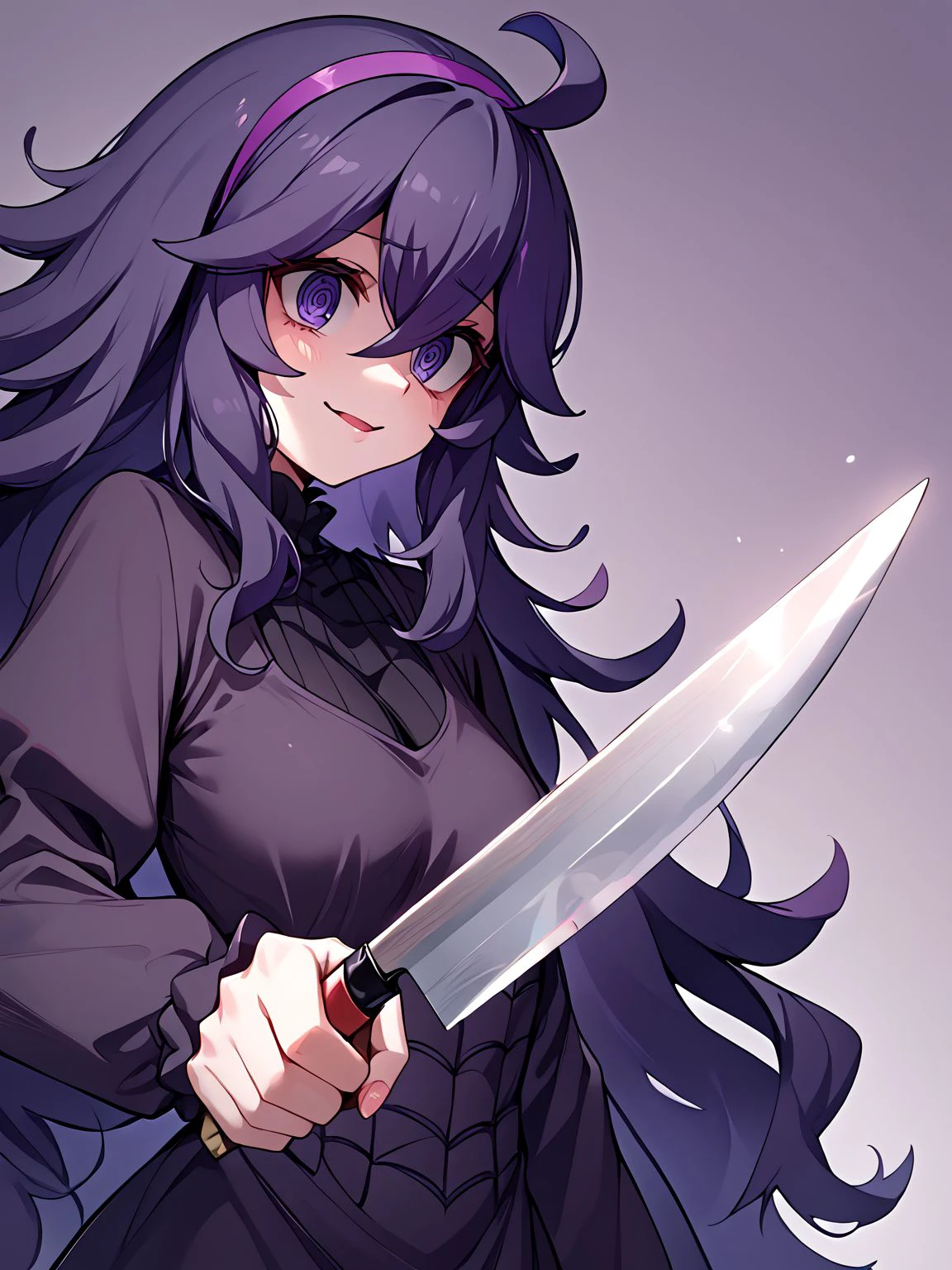 score_9,score_8_up,score_7_up,score_6_up,score_5_up,score_4_up,source_anime,1girl,solo,<lora:HoldingKnife_Pony_V1.0:1>,holdkknife,upper body,holding,holding knife,kitchen knife,<lora:hex-maniac-ponyxl-lora-nochekaiser:0.8>,hex maniac,hairband,messy hair,purple eyes,purple hair,purple hairband,@ @,black dress,dress,long dress,long sleeves,juliet sleeves,