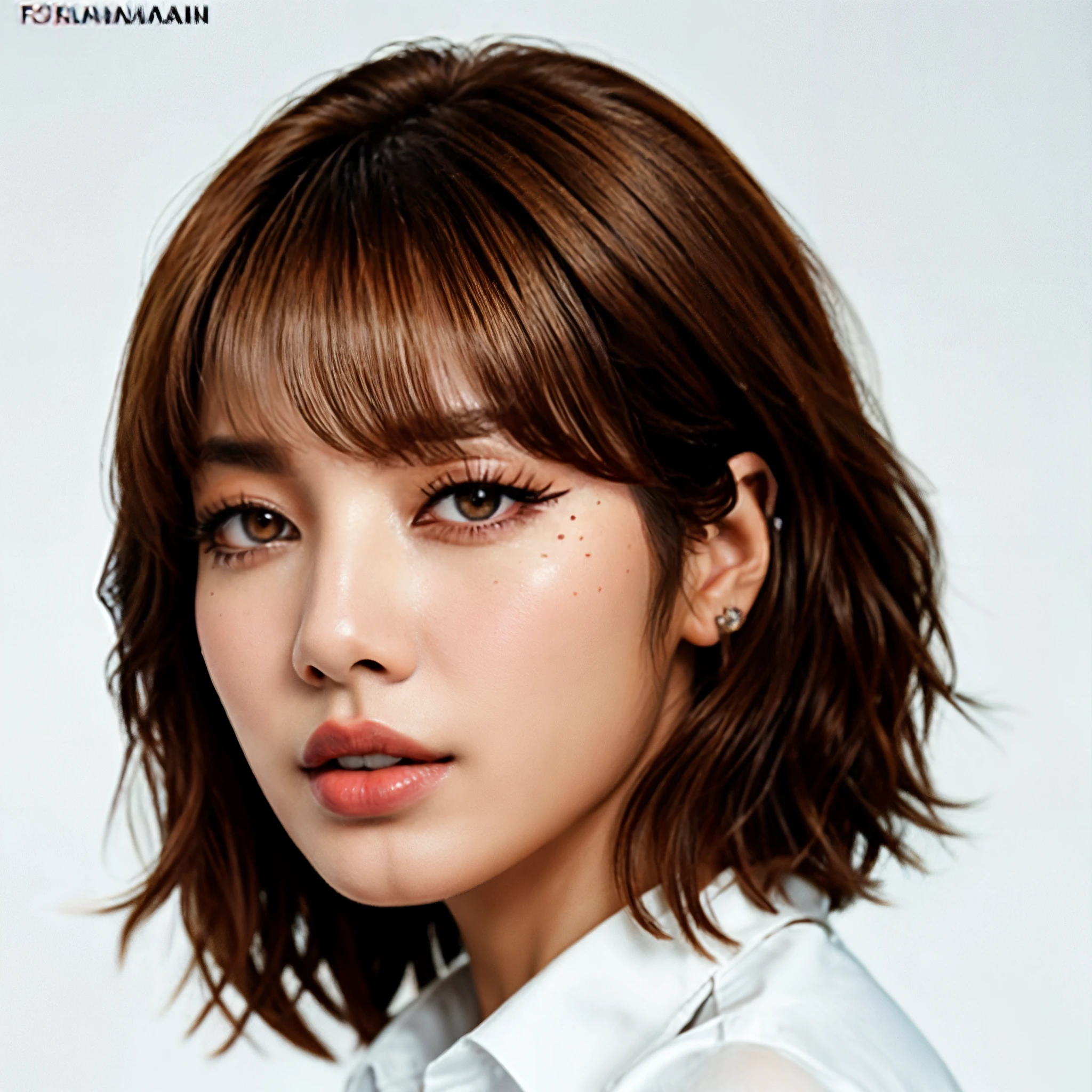 Photography, Portrait, taken with DSLR, F/2.8, (High quality), (masterpiece), realistic, 8K,  realistic, (close-up, portrait), (medium hair, brown hair, bangs), [plain white background], [white collared shirt], (parted lips),lalisamanoban,  <lora:LalisaManobanv6:0.95>