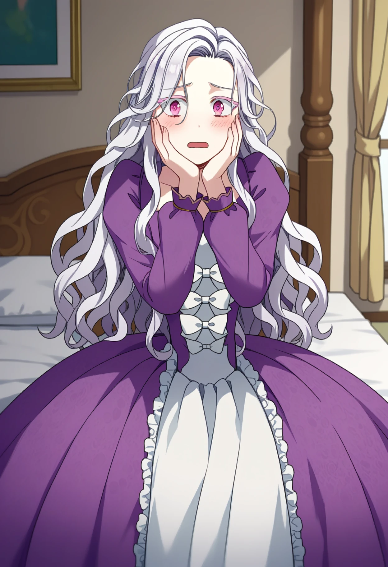 score_9, score_8_up, score_7_up, source_anime, 
BREAK
1girl, solo, <lora:shiAbiMomV1:0.9>,
shiabidef, vnstyle,
white hair, pink eyes, long hair, wavy hair, very long hair, colored eyelashes, 
frilled dress, purple dress, long sleeves, frills, long dress, puffy sleeves, white bow, white dress, 
looking at viewer, open mouth, shy, blush, 
hand on own face, 
indoors, bed, stretching,