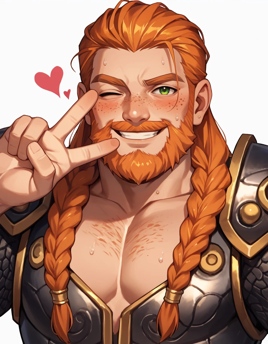 score_9, score_8_up, score_7_up, source_cartoon,
IronBreaker, DILF, beard, braids, orange hair, freckles, green eyes, armor, 
looking at viewer, smile, blush, hearts, flushed cheeks, sweat, wink, peace sign,
 <lora:Ironbreaker_PonyXL:0.8>