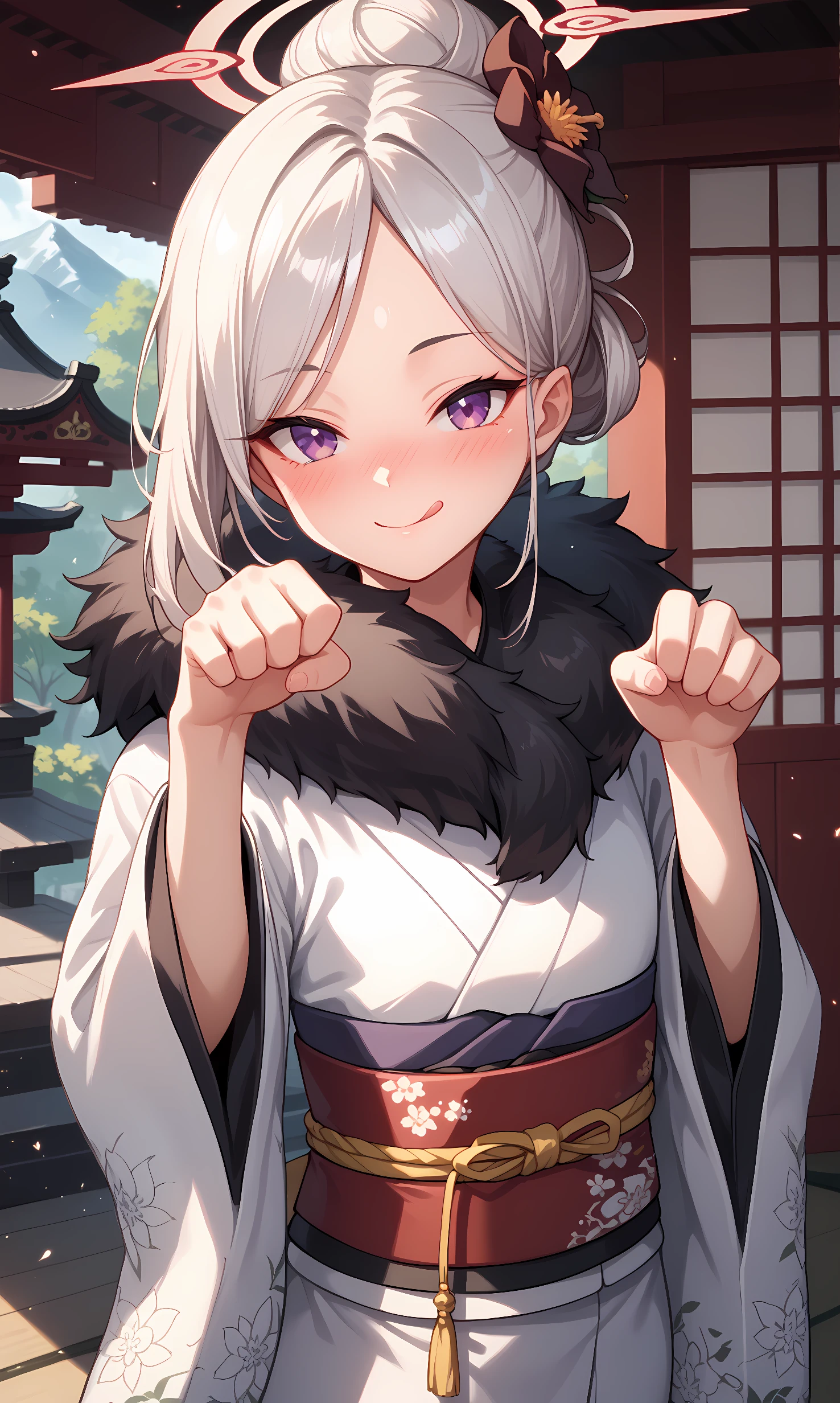 score_9, score_8_up, score_7_up, source_anime, 1girl, solo, outdoors, shrine, cowboy shot, standing, looking at viewer, shiny skin, mutsuki, purple eyes, white hair, hair bun, halo, white kimono, wide sleeves, floral print, sash, fur trim, hair flower, black fur trim around neck, smile, closed mouth, paw pose, licking lips, nose blush