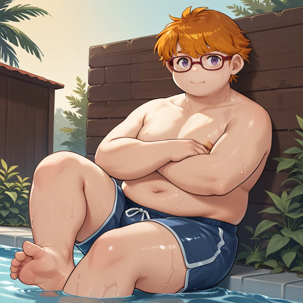 pool, sunset, source_anime, dutch angle, wet shorts, wet, in pool, sitting, submerged feet, <lora:yotaro-v1-11:0.9> lahyotarolw, 1boy, solo, plump, (overweight:0.5), orange hair, red glasses, topless, blue shorts, young, <lora:PerfectEyesXL:1> perfecteyes, purple eyes, score_9, score_8_up, score_7_up, score_6_up,