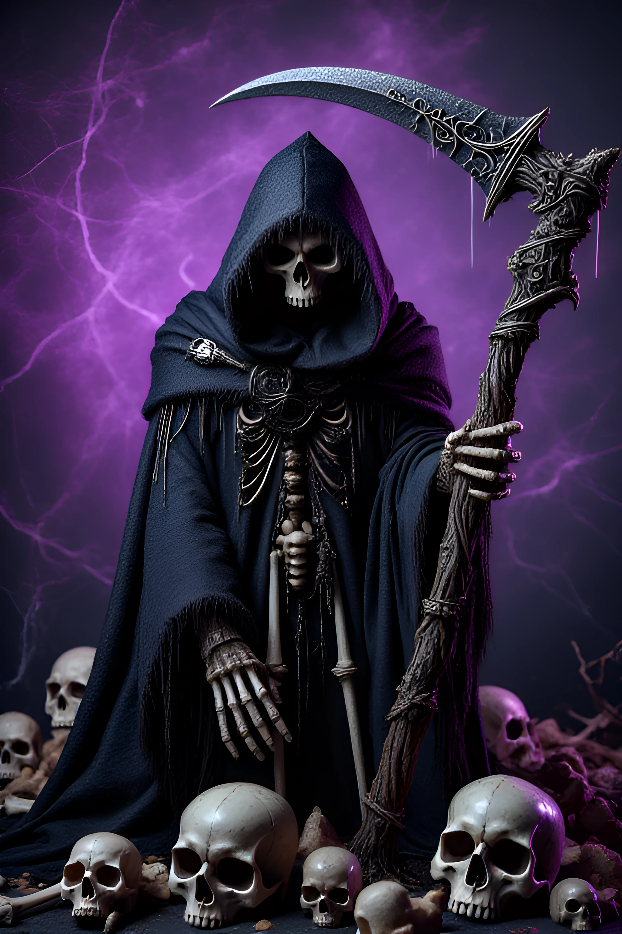 The Grim Reaper looms in the shadows, a cloaked figure with an aura of foreboding. His skeletal face, partially obscured by a tattered hood, reveals piercing eyes that glow with an otherworldly light. In one bony hand, he wields a menacing scythe, its blade glinting ominously in the dim light. The scythe, adorned with intricate engravings of skulls and bones, serves as both a tool and a symbol of his grim purpose.

Set against a dark, abstract background of swirling shades of deep purple and black, the scene is filled with gothic elements: scattered skulls and bones litter the ground, their surfaces glistening with moisture, enhancing the eerie atmosphere. Strands of cobwebs catch the light, draping over the Reaper's cloak, evoking a sense of age and decay.

The background’s chaotic patterns shift from deep violet to inky black, creating a chilling depth that feels both eerie and detached, as if the figure exists within a haunted digital void. Every detail of the Reaper’s cloak, from the frayed edges to the intricate symbols woven into the fabric, tells a story of forgotten souls and the passage of time.

This composition weaves together themes of mortality and the supernatural, drawing the viewer into a world where the Grim Reaper stands as a sentinel between life and death, preserved within a hauntingly beautiful, ethereal space filled with gothic allure.