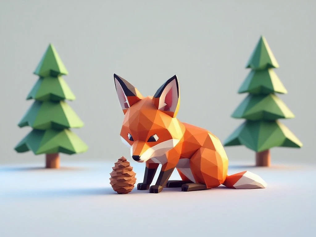 lo-ply_ a low-poly render of an adorable red fox curiously sniffing a pinecone in a snowy landscape.