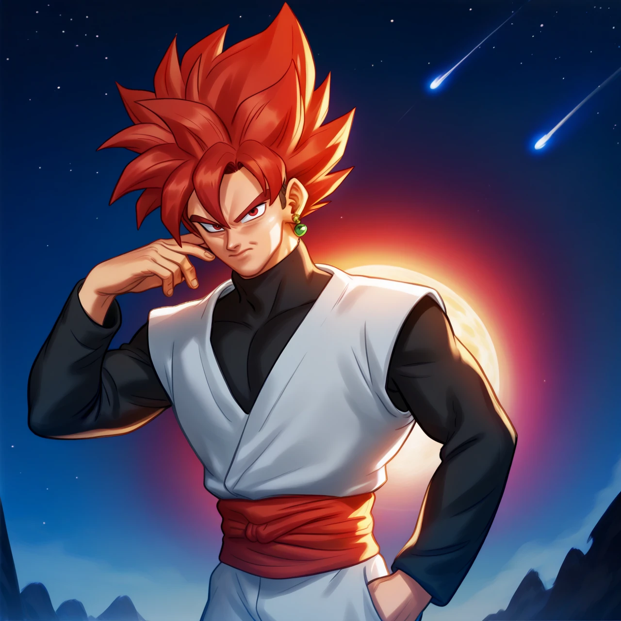 zPDXL3, score_9, score_8_up, score_7_up, score_6_up, score_5_up, score_4_up, highres, incredibly absurdres, highly detailed, outdoors, dark, night, closed mouth, 1boy, solo, <lora:Goku_Black_Super_Saiyan_Rose:0.5> ssgb, spiked hair, red hair, red eyes, single earring, grey dogi, black turtleneck sweater, long sleeves, red sash, super saiyan, looking at viewer,   <lora:summertimesaga-guy-PONY-DORAv1:1>