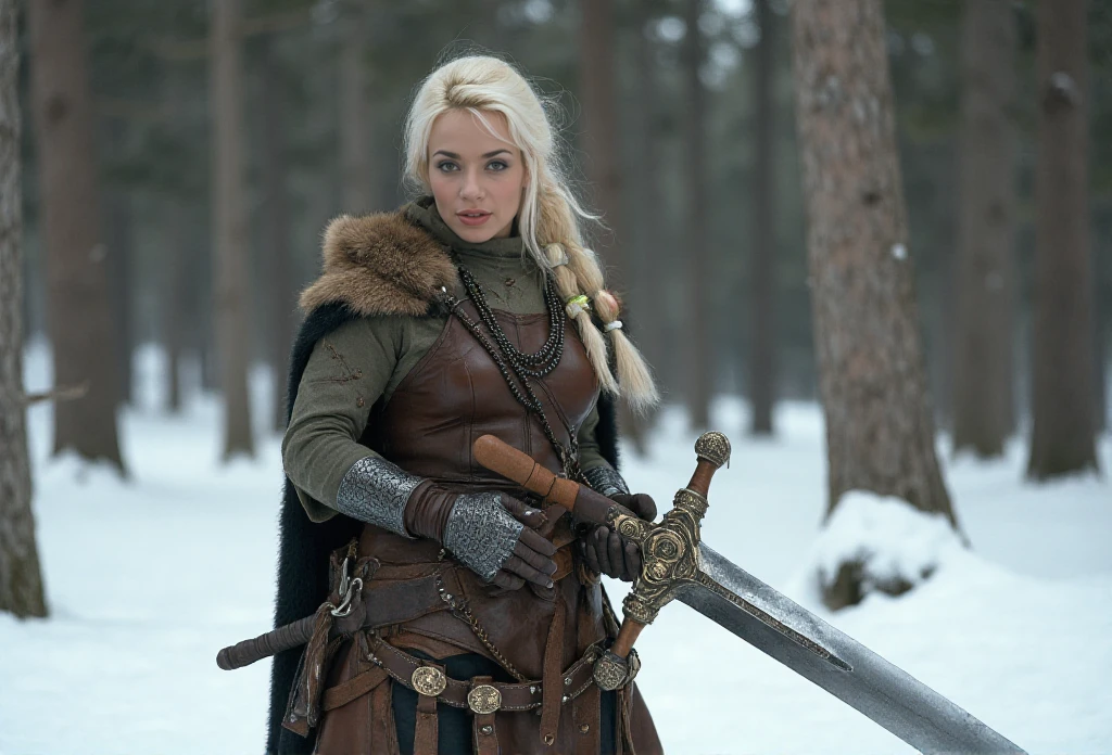 Zabou is a woman.  Her hair are braided. She is a viking warrior and wears a light armor made of leather and bronze. she is holding a big sword with exquisit details in the snow in a forest. Ready to fight<lora:Zabou:0.9>