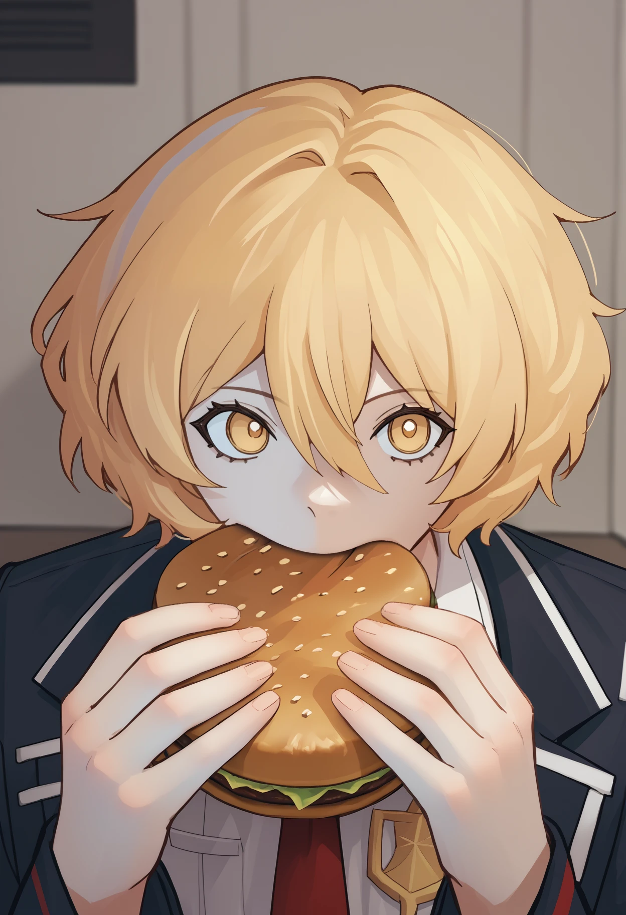 score_9, score_8_up, score_7_up, source_anime, <break> jermaWhopper, eating, burger, looking at you, upper body, solo, 1girl, d0nquix0tedef, short hair, blonde hair, hair between eyes, yellow eyes, black coat, open coat, long sleeves, white shirt, collared shirt, red necktie, indoors
<segment:yolo-face_yolov8m.pt,0.4,0.5//cid=1>