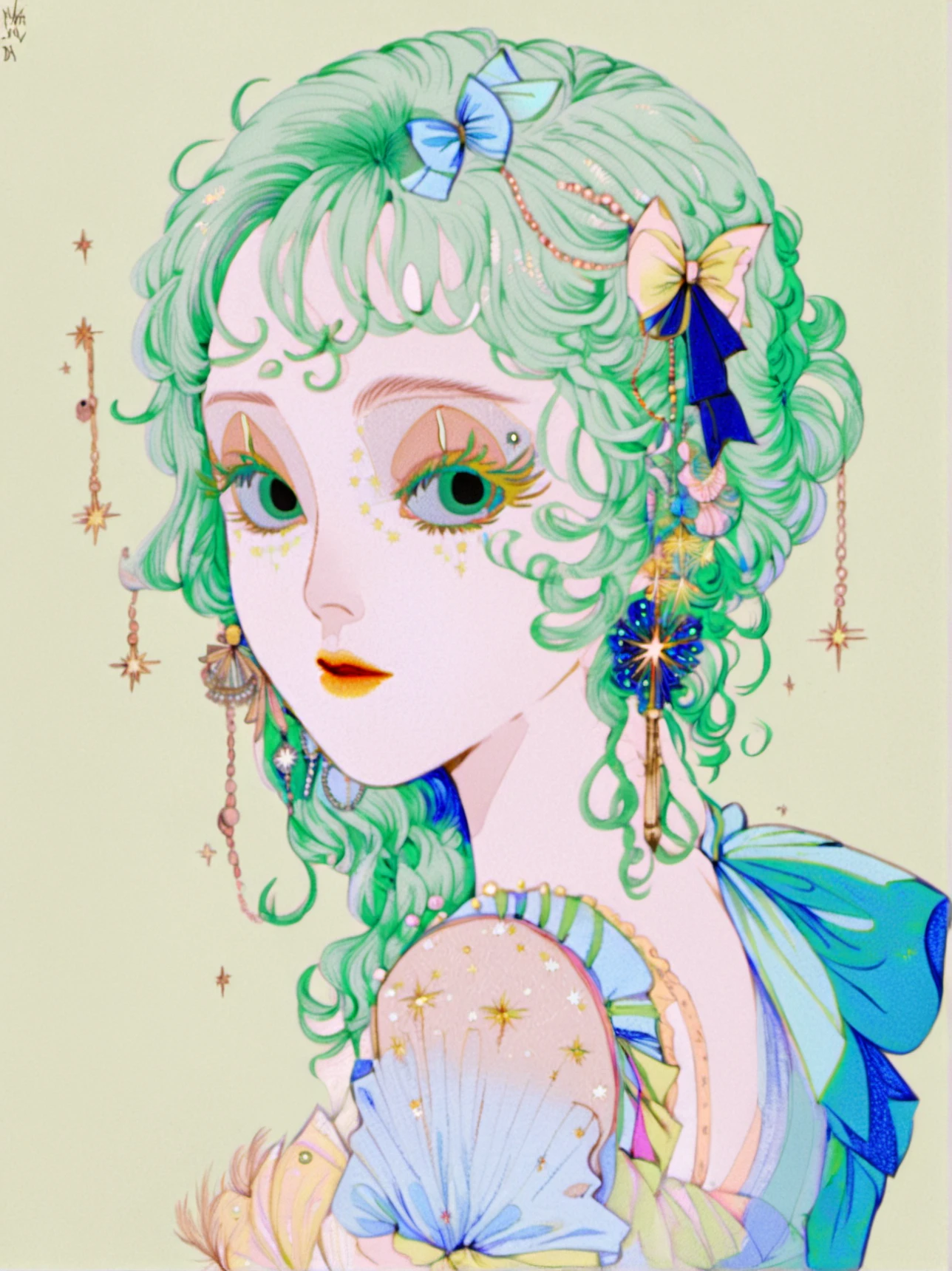 hxsj, a young woman with a pale complexion and striking green hair. her hair is adorned with small, golden star-shaped ornaments, adding a whimsical touch. she has blue eyes, with a subtle gradient effect giving them a depth and luminosity. her lips are painted a bold red, standing out vividly against her pale skin. she wears large, white, cat-eye sunglasses with a reflective surface. the background is a solid, bright blue, providing a stark contrast to her pale complexion and vibrant hair. the overall composition is minimalist yet eye-catching, with a strong emphasis on the subject's face and accessories.the dress is adorned with a large, blue bow on the shoulder, adding a touch of elegance. her ears are adorned with small, blue, star-shaped earrings, and her neck features a small, intricate star-shaped tattoo. the background is a plain, off-white color, ensuring that the focus remains on the subject.