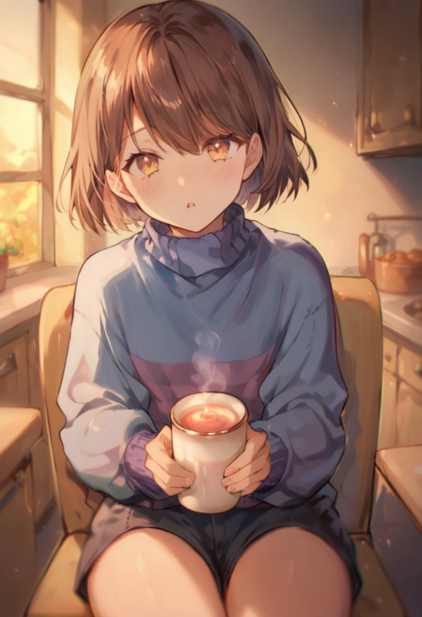 score_9, score_8_up, score_7_up ,FriskXL11, yellow eyes, brown hair, blue sweater with purple stripe, shorts,short hair, boots ,cup on arm, hansome face,blush,sits on a chair, kitchen, high detailed face, looking at viewer,
<lora:Frisk:1.0>