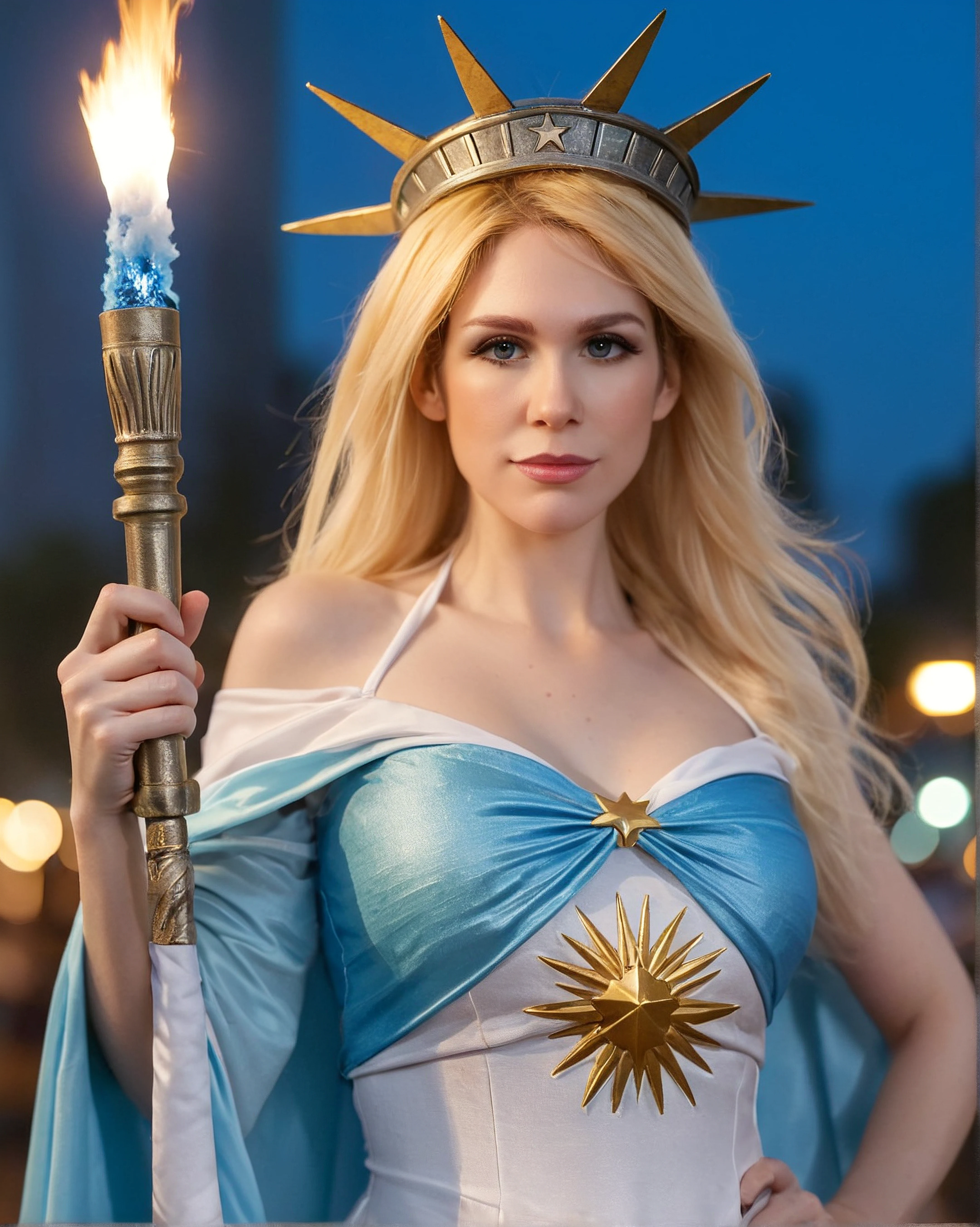 l3m01ne, 1girl, blonde hair, pale skin, posing like statue of liberty cosplay with argentina flag colors, argentina light blue and white flag cape, holding torch of liberty, bokeh, portrait