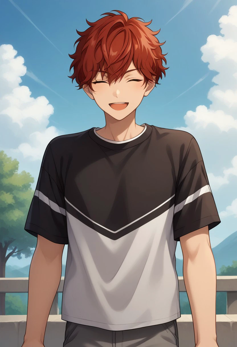 score_9, score_8_up, score_7_up, source_anime, highly detailed, 
amagiro, 1boy, male focus, solo, red hair, bangs, short hair, hair between eyes, closed eyes, t-shirt, black t-shirt, stripes, short sleeves, pants, grey pants, upper body, open mouth, smile,
outdoor, sky, cloud, tree,