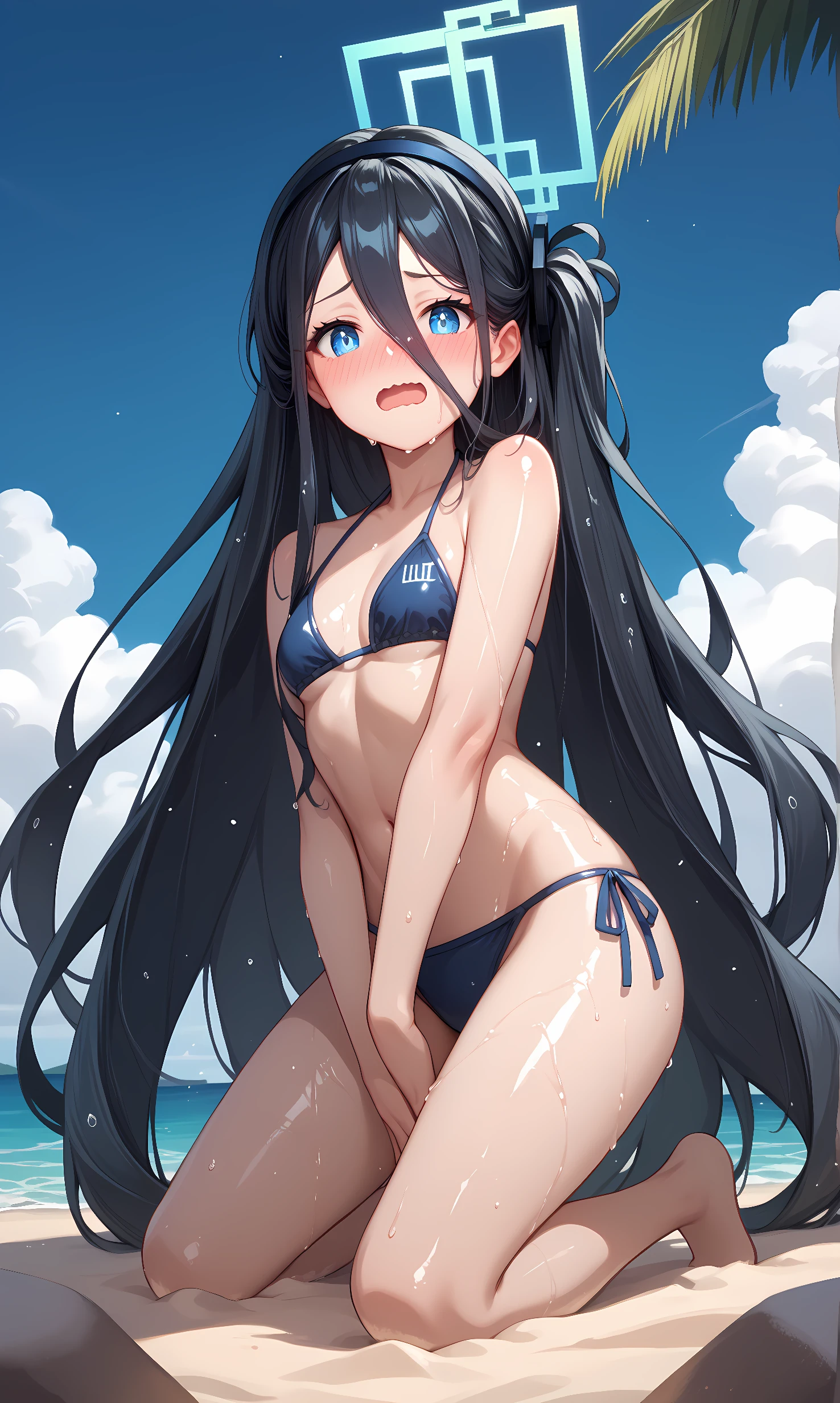 NSFW,masterpiece,Highest quality,High resolution,Super detailed,Yukinoshita Yukino\(My Youth Romantic Comedy is Wrong as Expected\),Black Hair,Long Hair,Light blue eyes,High quality bikini,Small breasts,Embarrassed,blush,beach,Palm tree