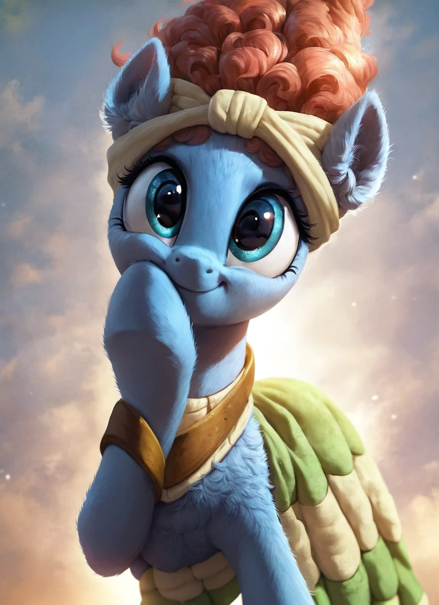 , score_9, score_8_up, score_7_up, score_6_up, score_5_up, score_4_up, rating_safe, <lora:Mage Meadowbrook:1>Mage Meadowbrook,earth pony,  solo, female,
 ((cute, little, fuzzy pony, fur)), (high quality, detailed, beautiful), shiny, adorable face, detailed beautiful eyes, diadema, sunlight, realistic, outstanding, countershading, detailed soft lighting, ear fluff, hoof on face, cinematic vintage photography