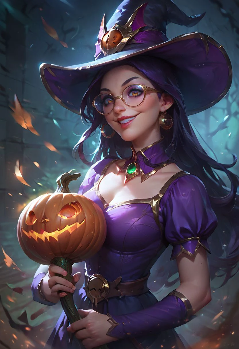 score_9, score_8_up, score_7_up, score_6_up, score_5_up, score_4_up, 1girl, solo, wearing purple top, glasses, long hair, dark hair, lip gloss, eye shadow, smile, portrait, close-up, holding pumpkin,  <lora:ArtStyle_Bewitching_Fantasy:0.7> b3w1tch, witch hat, golden details, <lora:(1)RealistifyPONY:0.6>