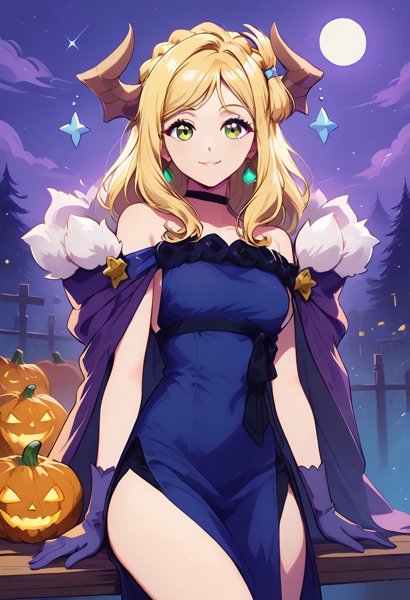 score_9, score_8_up, score_8, medium breasts, (curvy), cute, eyelashes, sitting on bench, side view, smile, looking at viewer,  ,,, 
MariMari, green eyes, blonde hair, demon horns, long hair, crown braid, blue dress, purple gloves, bare shoulders, purple cape, off-shoulder dress, side slit, black choker, fur trim, 
(pumpkins), night, stars, 
cowboy shot,  BREAK, BREAK,  embedding:zPDXL, Expressiveh,  <lora:CatalystStylePDXL:0.3>,  <lora:SDXLFaeTastic2400:0.5>,  <lora:Expressive_H-000001:0.4>,