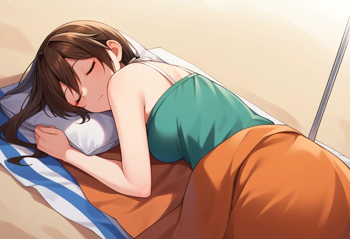 score_9, score_8, score_7, source_anime, tone (kancolle), hair down, sleeping, lying, beach