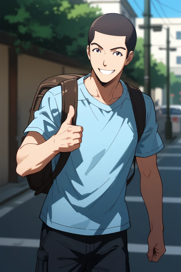 score_9, score_8_up, score_7_up, source_anime, rating_safe, day, natural lighting, male focus, thumbs up, smiling, OkajimaAC, black_Okajima_eyes, black_Okajima_very short hair, backpack, shirt, shorts, casual clothes, 1boy, blurry outdoors street, dutch angle, intricately detailed illustration, depth of field, atmospheric perspective