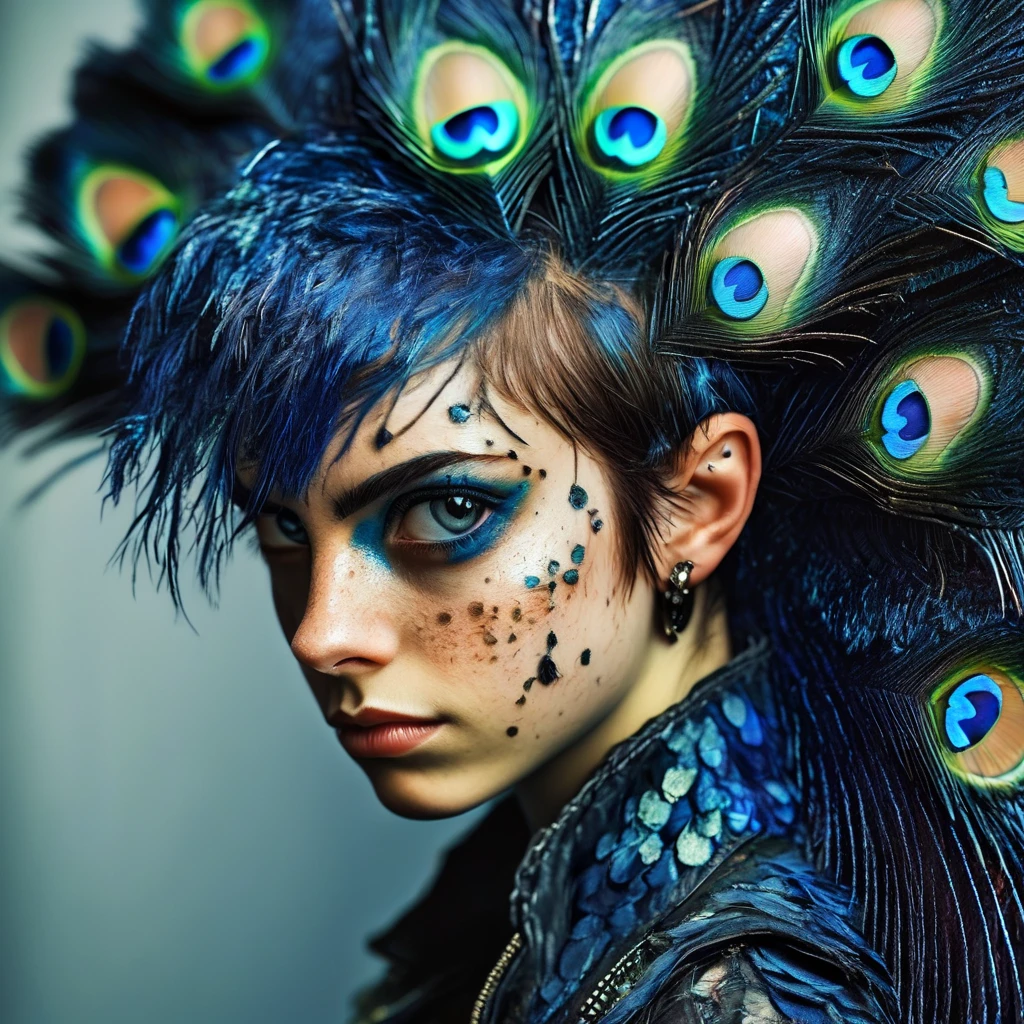 pavolaris Professional studio photo of a punk girl made of peacock feathers, peacock skin and hair, very beautiful, expressive, detailed, sharpened, on a navy blue background, f1.2 lens<lora:pavolaris:1>